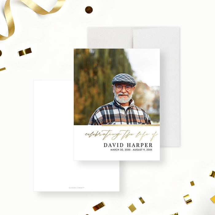 celebration of life memorial photo card with custom portrait, elegant lettering, remembrance wording, and funeral service details-front-back