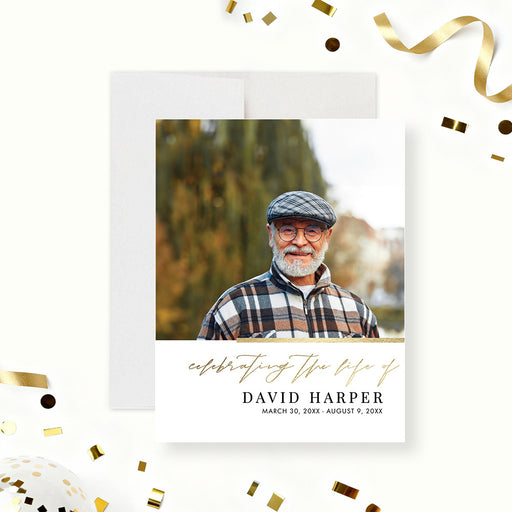 celebration of life memorial photo card with custom portrait, elegant lettering, remembrance wording, and funeral service details-front