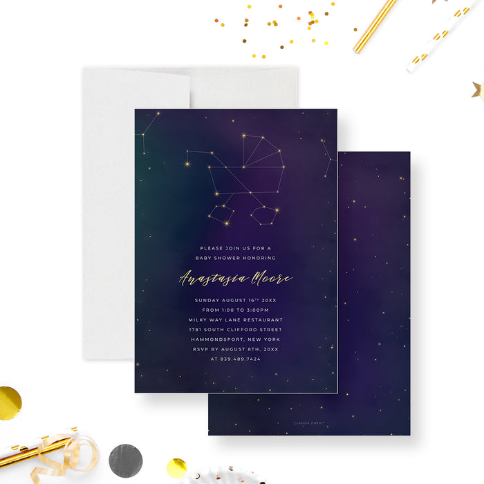 Cosmic Baby Shower Invitation Card with Baby Stroller Star Constellation, Celestial Themed Baby Invites with Starry Night Sky