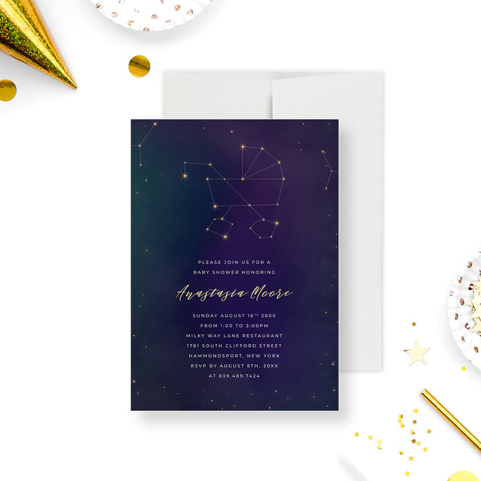 Cosmic Baby Shower Invitation Card with Baby Stroller Star Constellation, Celestial Themed Baby Invites with Starry Night Sky