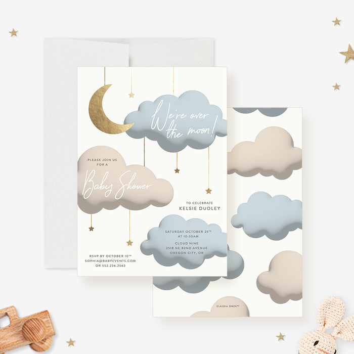 Celestial baby shower invitation with stars and gold moon accents