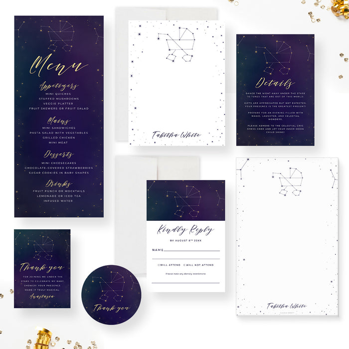 Cosmic Baby Shower Invitation Card with Baby Stroller Star Constellation, Celestial Themed Baby Invites with Starry Night Sky