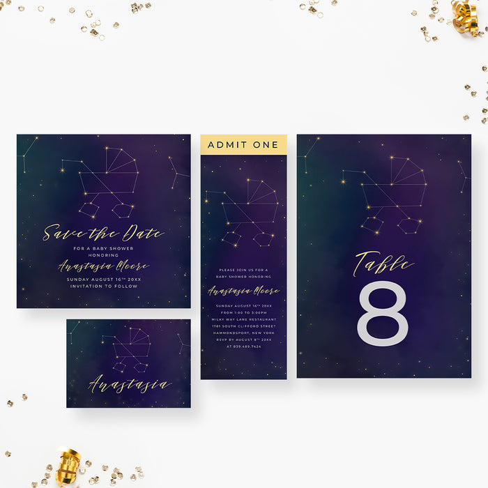 Cosmic Baby Shower Invitation Card with Baby Stroller Star Constellation, Celestial Themed Baby Invites with Starry Night Sky