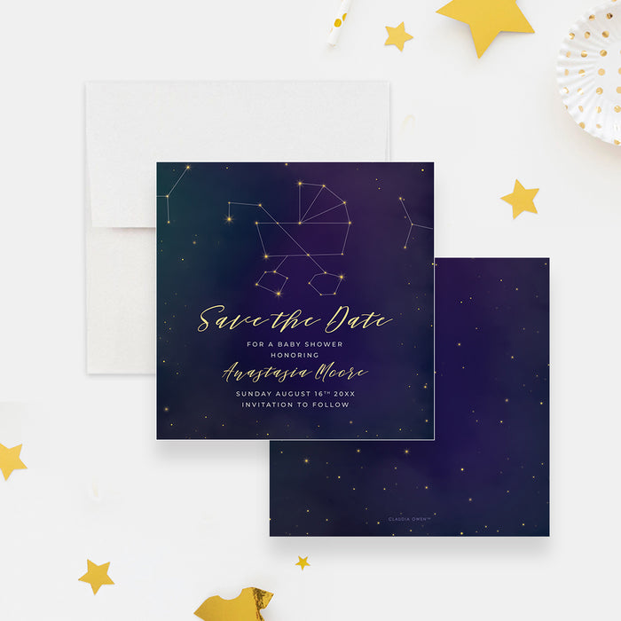 Cosmic Baby Shower Save the Date Card with Baby Stroller Star Constellation, Celestial Baby Shower Save the Dates