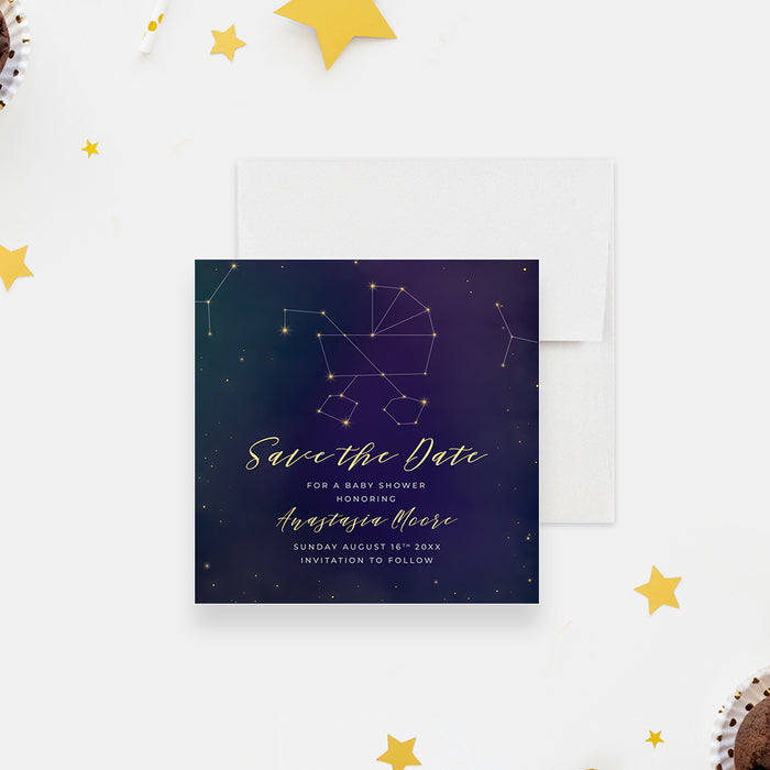 Cosmic Baby Shower Save the Date Card with Baby Stroller Star Constellation, Celestial Baby Shower Save the Dates