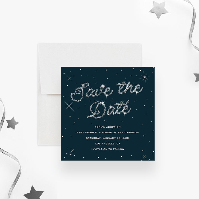 Starry Night Save the Date Card for Adoption Baby Shower Celebration, Celestial Save the Date with Sparkling Stars, A Night Under the Stars