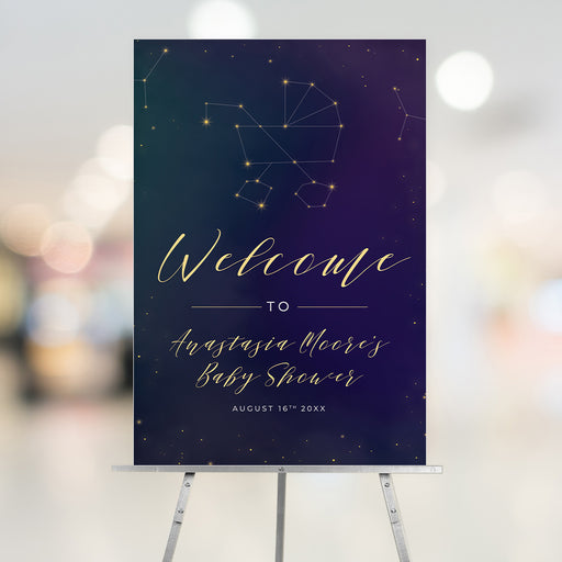 Celestial baby shower welcome sign featuring gold stars, constellations, and personalized text on a navy starry night background.