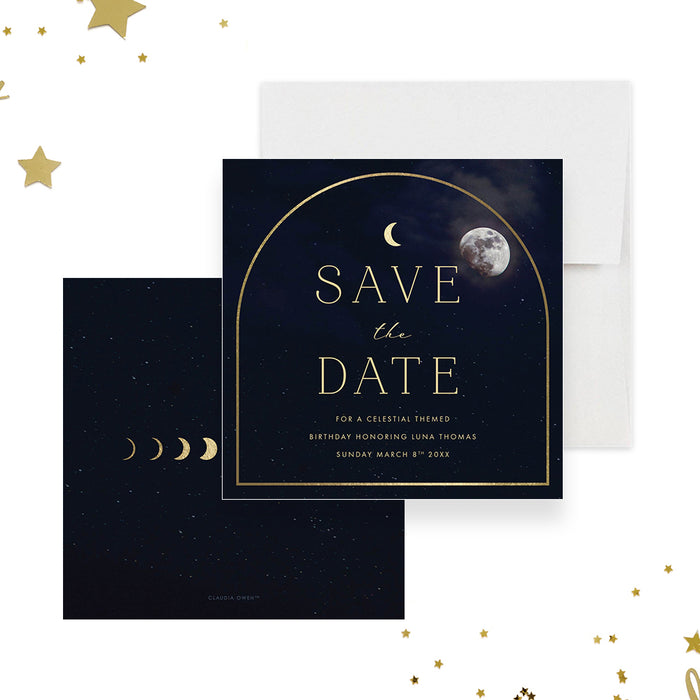 Celestial Birthday Save the Date Card, Cosmic Birthday Save the Date with Moon and Starry Night Sky