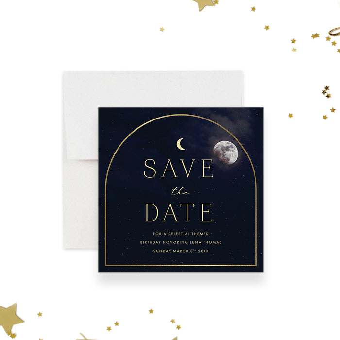 Celestial Birthday Save the Date Card, Cosmic Birthday Save the Date with Moon and Starry Night Sky