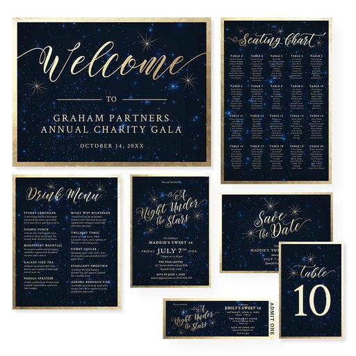 Celestial invitation template set with matching starry night sky party printables.