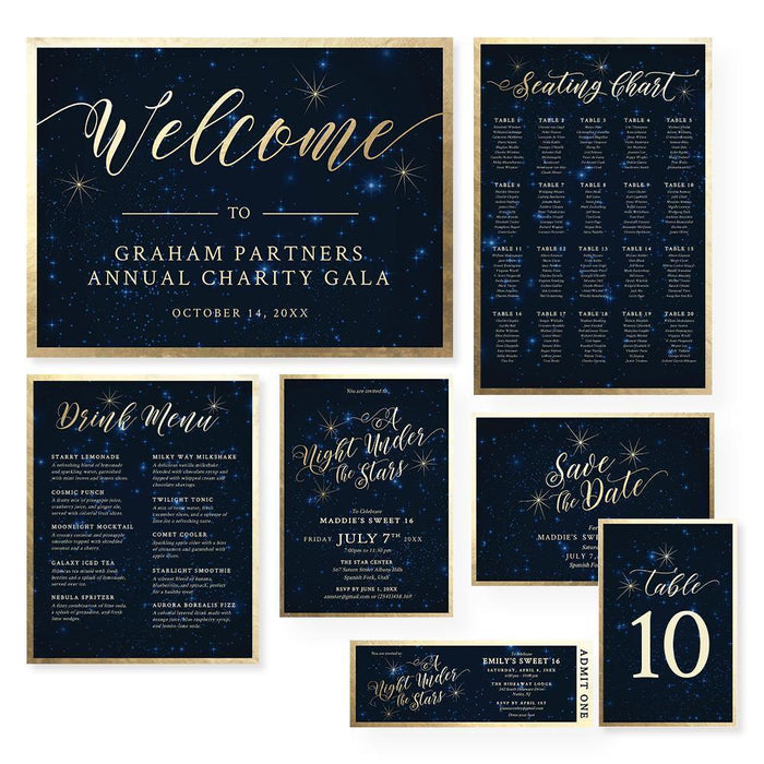 Celestial invitation template set with matching starry night sky party printables.