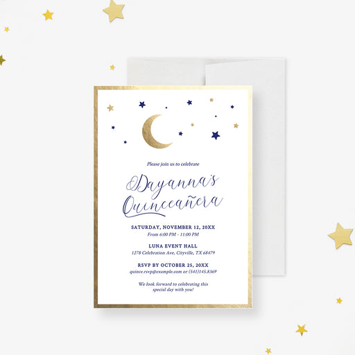 Celestial Quinceañera invitation template with gold moon and navy stars digital download