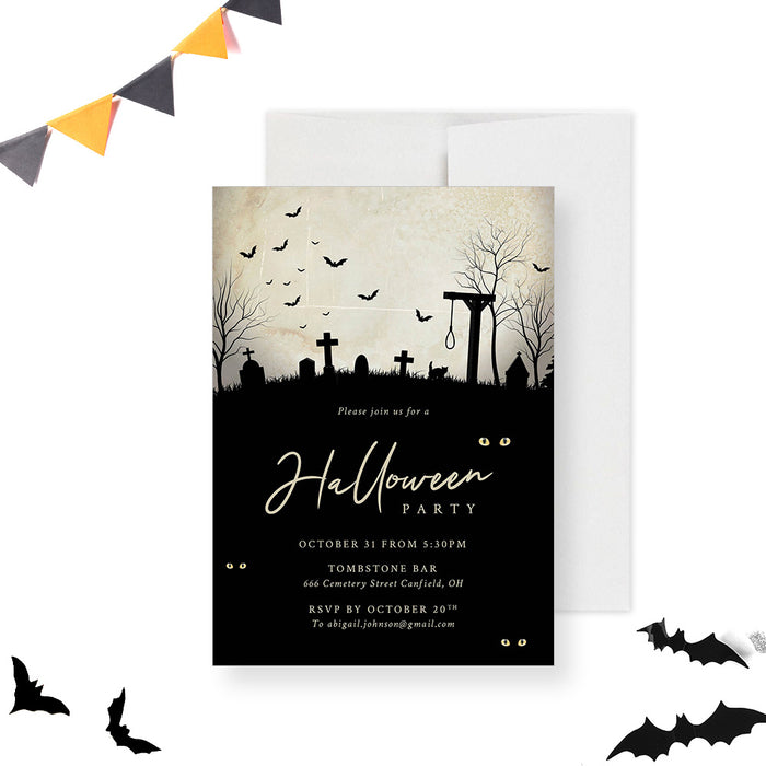 A Halloween-themed invitation card featuring a graveyard scene with a bat, tree, and a black cat, in a black and white color scheme with a greeting text.