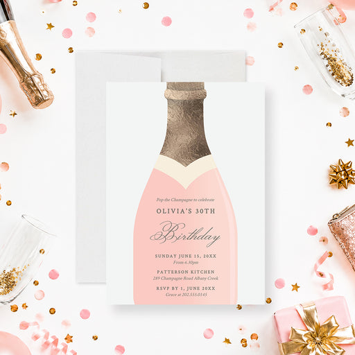 Champagne birthday digital invitation featuring blush champagne bottle design for milestone celebration