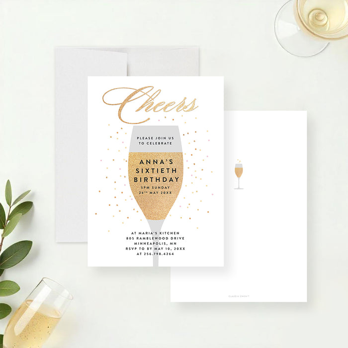 Elegant champagne birthday invitation with champagne glass illustration and gold confetti for a stylish celebration party.-front-back