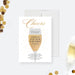Elegant champagne birthday invitation with champagne glass illustration and gold confetti for a stylish celebration party.-front