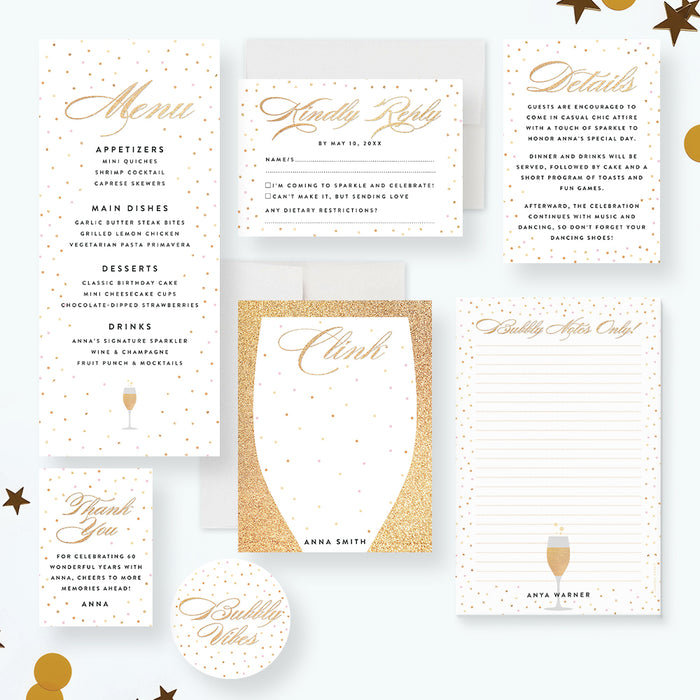 Champagne Birthday Invitation Elegant Women Celebration Party Invite