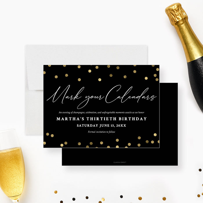 black and gold birthday save the date card with gold-colored confetti, elegant script lettering, and personalized adult birthday details-front-back