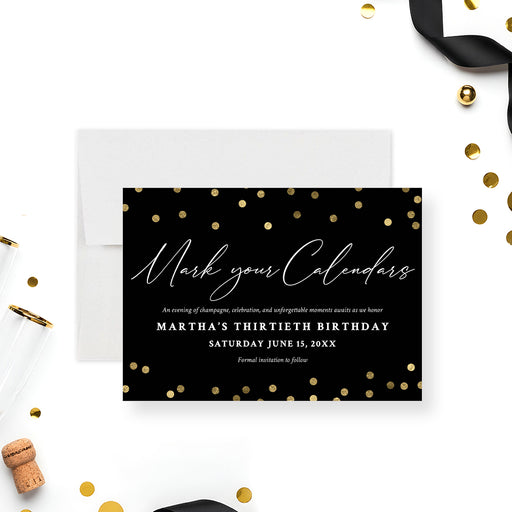 black and gold birthday save the date card with gold-colored confetti, elegant script lettering, and personalized adult birthday details-front