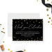 black and gold birthday save the date card with gold-colored confetti, elegant script lettering, and personalized adult birthday details-front