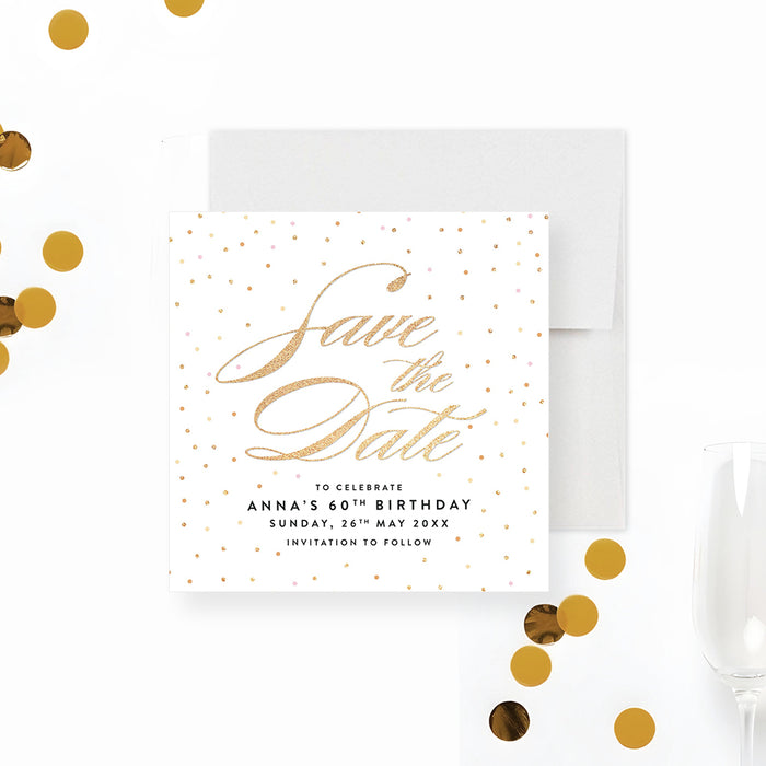 Elegant champagne birthday save the date card with confetti dot design and script lettering for a stylish celebration.-front