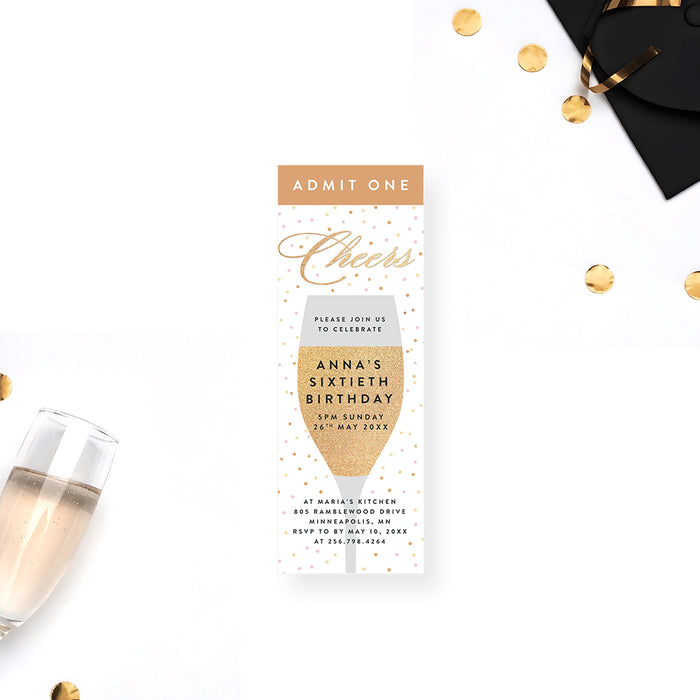 Champagne birthday ticket invitation with confetti dot design and elegant script lettering for a stylish celebration party.