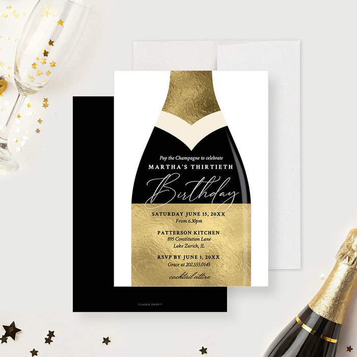 champagne bottle birthday invitation with elegant black and gold-look design, custom party details, and stylish wording for an adult birthday celebration-front-back