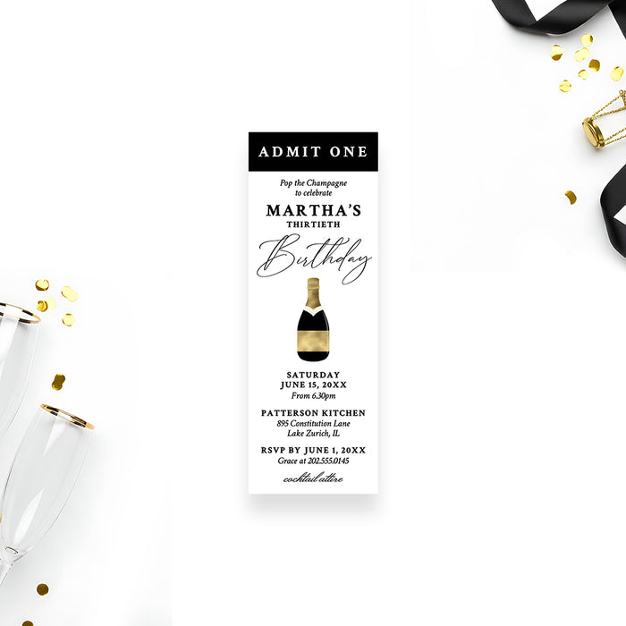 champagne birthday ticket invitation with black and gold design, champagne bottle illustration, and custom party details.