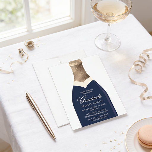 Champagne graduation digital invitation featuring navy and gold bottle design for a graduate party