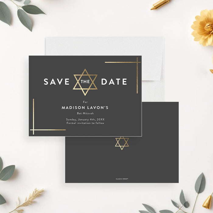 Charcoal and gold Bat Mitzvah save the date card with Star of David, gold line accents, and personalized event details.