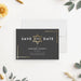 Charcoal and gold Bat Mitzvah save the date card with Star of David, gold line accents, and personalized event details.