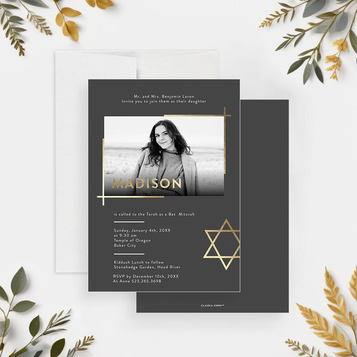 Charcoal gray Bat Mitzvah invitation with a photo, gold accents, Star of David, and personalized celebration details.