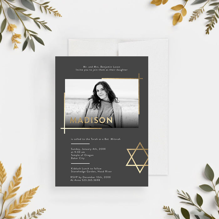 Charcoal gray Bat Mitzvah invitation with a photo, gold accents, Star of David, and personalized celebration details.