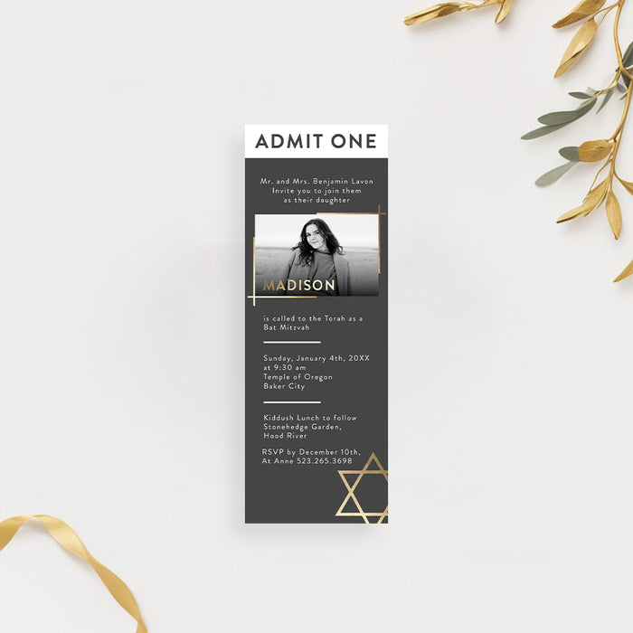 Bat Mitzvah ticket invitation with a photo, charcoal gray background, gold Star of David, and personalized event details.