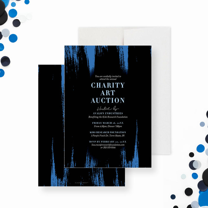 Elegant charity art auction invitation featuring a black and blue design for a formal fundraiser or gala event-front-back
