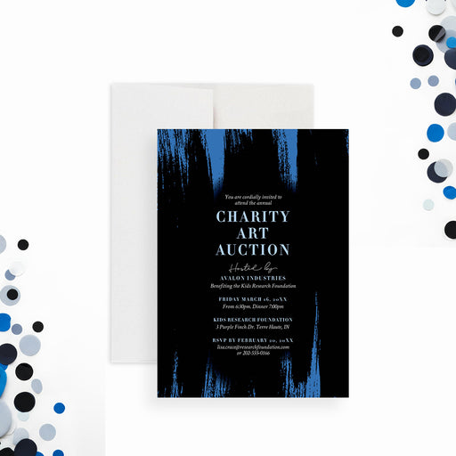 Elegant charity art auction invitation featuring a black and blue design for a formal fundraiser or gala event-front