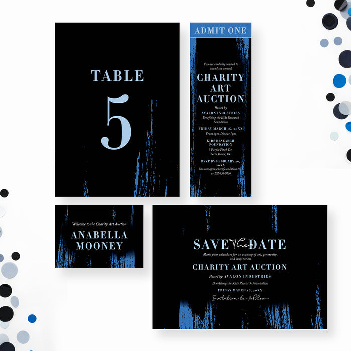 Charity Art Auction Invitation Black Blue Fundraiser Event Invite