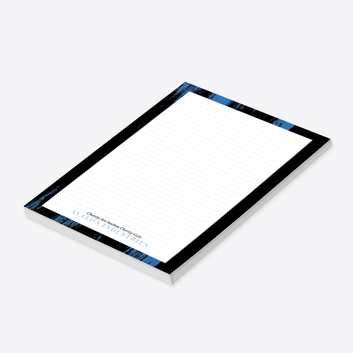 Personalized charity auction notepad with blue and black painted design for fundraising events-side