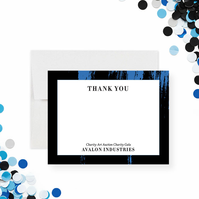 Personalized thank you card with elegant black and blue design, professional note card for charity event, fundraiser, or business use-front