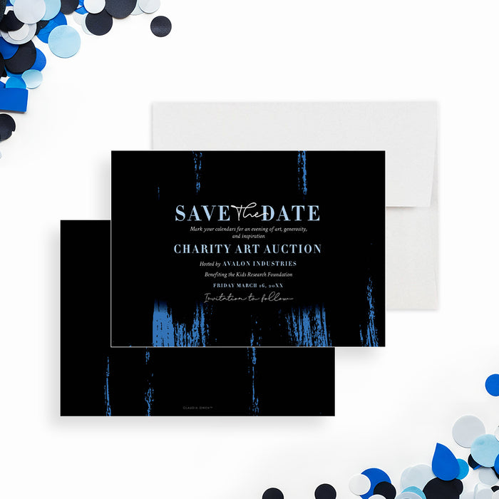 Elegant charity art auction save the date card featuring a black and blue design for a formal fundraiser or gala event-front-back