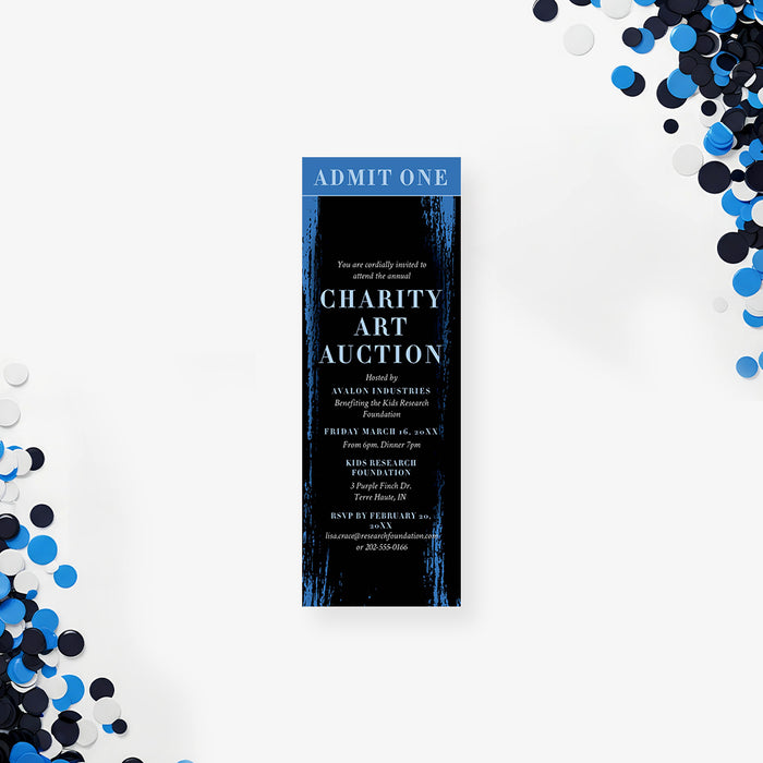 Charity event ticket invitation with elegant black and blue design, personalized admit one gala or fundraiser event entry pass