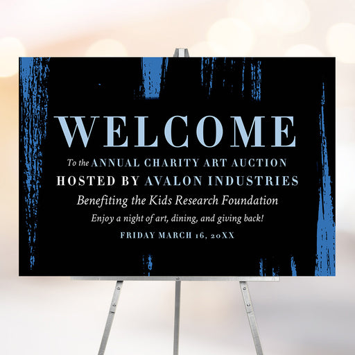 Charity event welcome sign with elegant black and blue design, personalized gala or fundraiser entrance sign for formal event decor