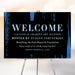 Charity event welcome sign with elegant black and blue design, personalized gala or fundraiser entrance sign for formal event decor