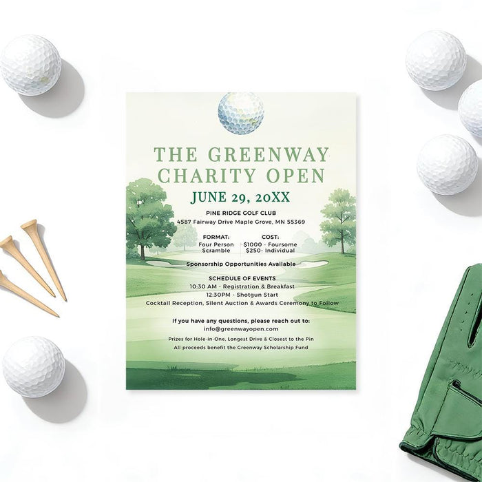 Charity golf tournament digital flyer template featuring green golf course design