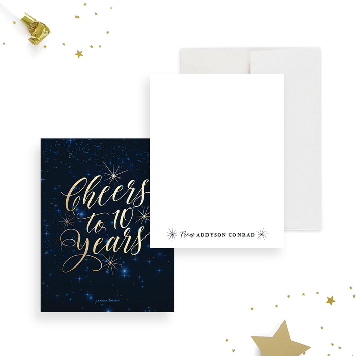 Cheers to 10 Years Note Card, Starry Night Sky Correspondence Card, Personalized Celestial Thank You Card for Anniversary Celebration
