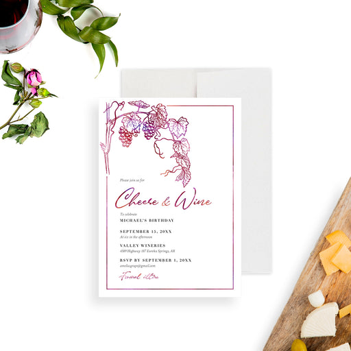 Cheese and wine birthday invitation with grapes on a vine design for elegant wine-themed celebrations.-front