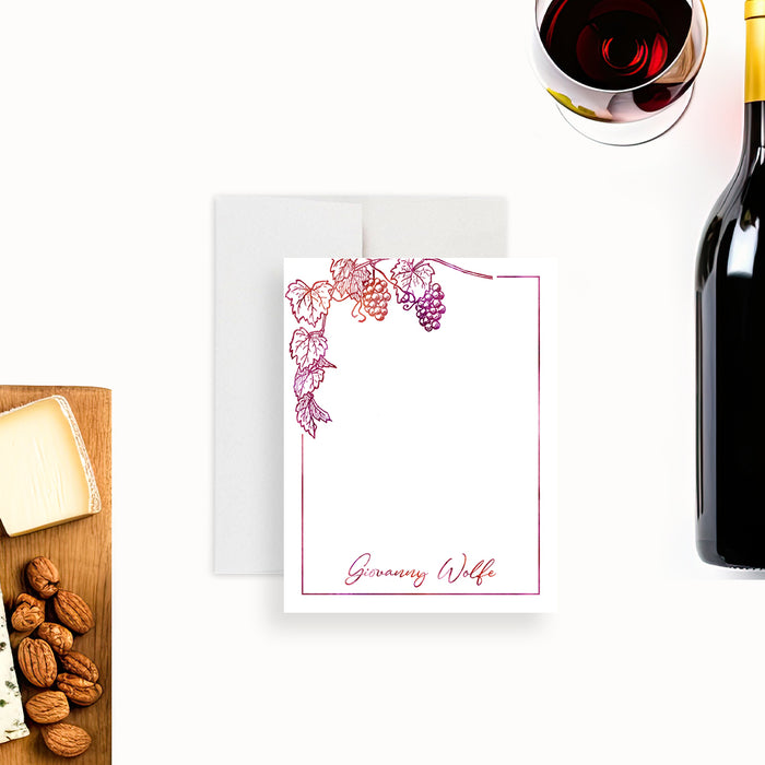 Personalized wine-themed note card featuring a grapevine design, elegant vineyard stationery, and a custom thank you card.-front