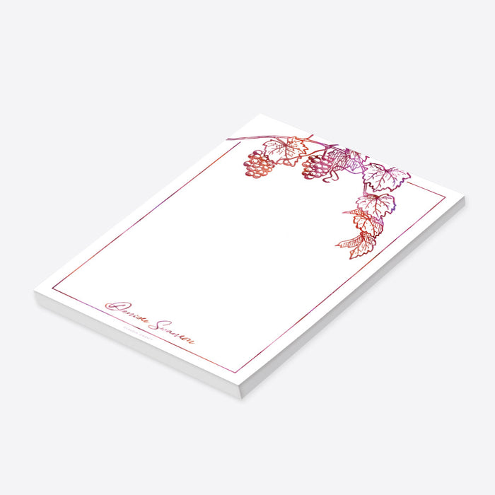 Wine-themed personalized notepad featuring a grapevine design, making an elegant gift for wine enthusiasts or vineyard events.-side