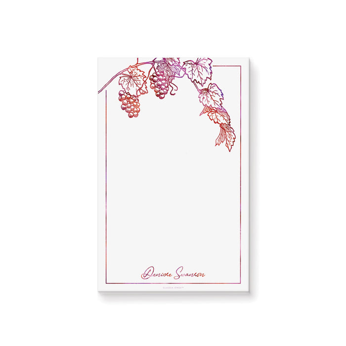 Wine-themed personalized notepad featuring a grapevine design, making an elegant gift for wine enthusiasts or vineyard events.