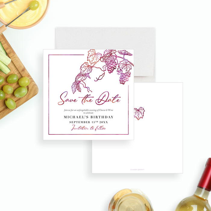 Elegant wine-themed save-the-date card featuring a grapes on the vine illustration, personalized for winery birthdays or vineyard events.-front-back